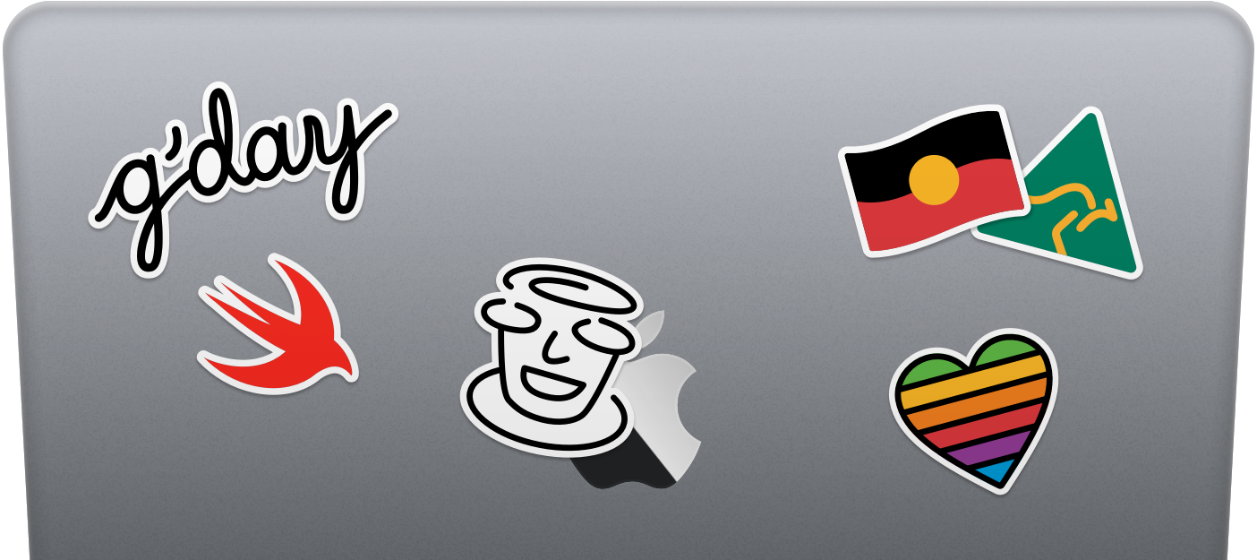 MacBook with stickers relating to Swift and Australia on it