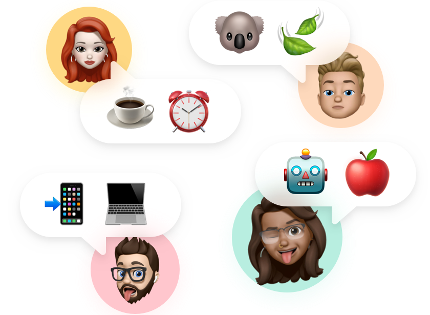 Group of Memoji having a conversation with Emojis